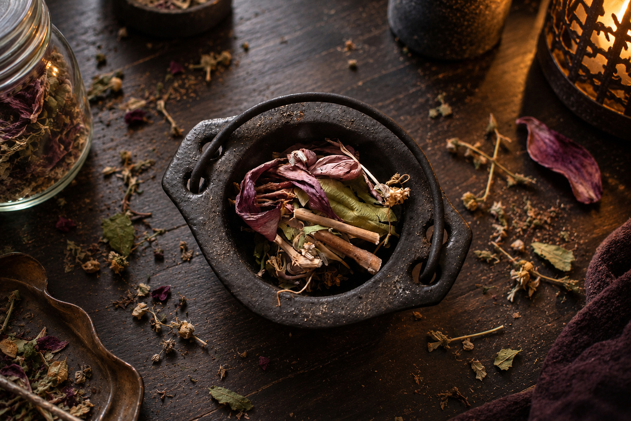 Small iron cauldron filled with herbs used in Crooked Briar practice